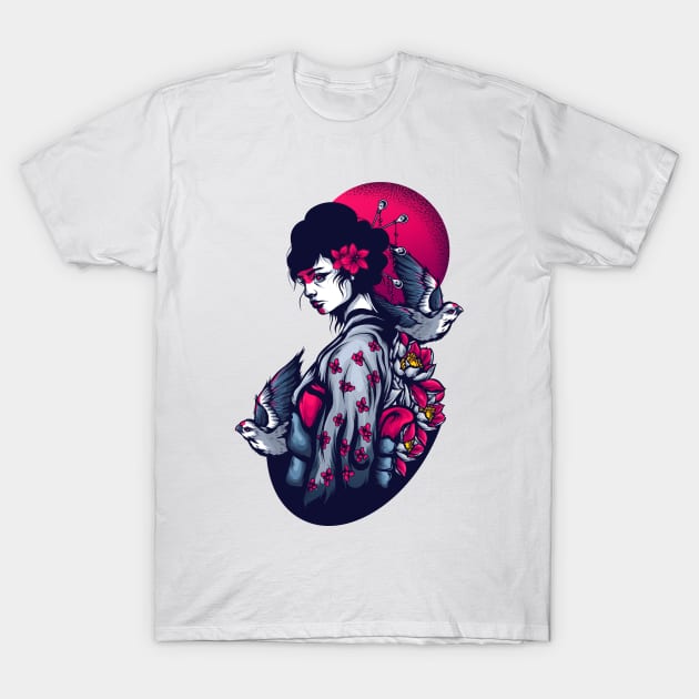 Pigeon Blood Moon T-Shirt Geisha Women T-Shirt by MaryMas